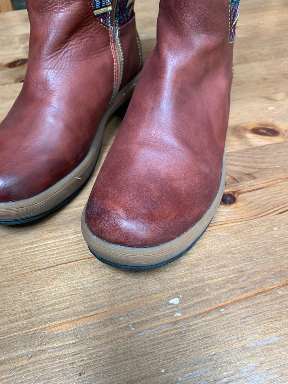 Women's Boho Brown Leather Boots with Teal Patterned Shaft - Picture 9 of 10